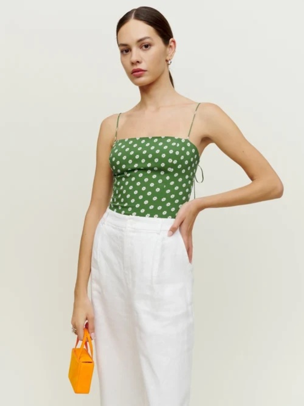 Reformation Meyer Top in Hannah Green Daisy Cami with Adjustable Straps